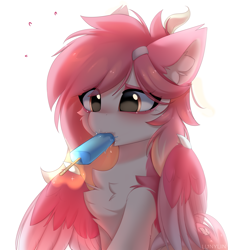 Size: 2251x2464 | Tagged: safe, artist:lunylin, oc, oc only, oc:latandra sweetberry, pegasus, pony, chest fluff, colored eyebrows, commission, cute, ear fluff, eye clipping through hair, eyebrows, eyebrows visible through hair, female, food, high res, ice cream, levitation, magic, mare, ocbetes, pegasus oc, simple background, solo, telekinesis, white background, wings, ych result