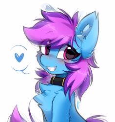 Size: 3859x4096 | Tagged: safe, artist:lunylin, oc, oc only, oc:nohra, earth pony, pony, blushing, cheek fluff, chest fluff, collar, cute, ear fluff, earth pony oc, eye clipping through hair, eyebrows, eyebrows visible through hair, female, fluffy, grin, heart, high res, leg fluff, looking at you, mare, ocbetes, shoulder fluff, simple background, sitting, smiling, smiling at you, solo, spoken heart, white background