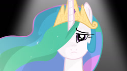 Size: 1280x720 | Tagged: source needed, safe, princess celestia, alicorn, pony, g4, bust, hair over one eye, looking at you, portrait, sad, solo, spotlight