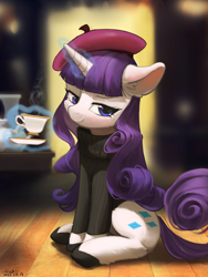 Size: 1280x1703 | Tagged: safe, artist:flvski, rarity, pony, unicorn, g4, beatnik rarity, beret, clothes, cup, cute, ear fluff, female, glowing, glowing horn, hat, horn, levitation, looking at you, magic, magic aura, mare, raribetes, sitting, smiling, smiling at you, solo, sweater, teacup, telekinesis