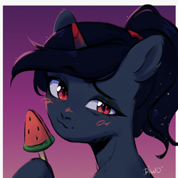 Size: 2300x2300 | Tagged: safe, artist:piwo, oc, oc only, pony, unicorn, blushing, colored, commission, cute, eyelashes, eyeshadow, food, gray coat, high res, horn, ice cream, looking at you, makeup, ponytail, raised hoof, red eyes, sketch, smiling, smiling at you, stars, sunset, unicorn oc, watermelon, ych result