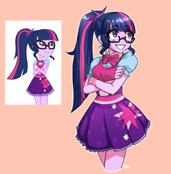 Size: 1819x1851 | Tagged: safe, artist:dalsegno, sci-twi, twilight sparkle, human, equestria girls, g4, clothes, eyebrows, eyebrows visible through hair, female, glasses, grin, orange background, sci-twi outfits, simple background, skirt, smiling, solo