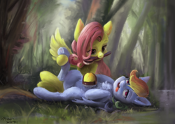 Size: 1280x910 | Tagged: safe, artist:flvski, fluttershy, rainbow dash, pegasus, pony, g4, ahegao, bellyrubs, bliss, brush, drool, duo, duo female, eyebrows, female, forest, frog (hoof), grass, grooming, leg hold, lesbian, looking at someone, lying down, mare, mouth hold, on back, open mouth, outdoors, pampering, relaxed, relaxing, ship:flutterdash, shipping, tongue out, tree, underhoof, wings