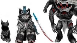 Size: 4480x2508 | Tagged: safe, hybrid, armor, berserker, blood, d.o.l, monster, sword, weapon