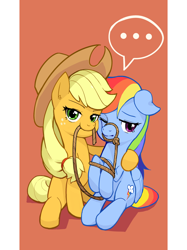Size: 1280x1707 | Tagged: safe, artist:flvski, applejack, rainbow dash, earth pony, pegasus, pony, g4, ..., applejack's hat, bound legs, cheek squish, cowboy hat, duo, duo female, ears back, eyebrows, eyes open, female, folded wings, freckles, hat, hug, looking at you, mare, mouth hold, one eye closed, one eye open, rope, rubber band, sitting, squishy cheeks, tied up, wings