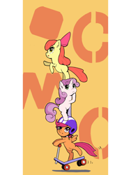 Size: 1280x1706 | Tagged: safe, artist:flvski, apple bloom, scootaloo, sweetie belle, earth pony, pegasus, pony, unicorn, g4, apple bloom's bow, bipedal, bow, cutie mark crusaders, female, filly, foal, hair bow, helmet, scooter, trio