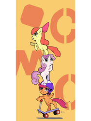 Size: 1280x1706 | Tagged: safe, artist:flvski, apple bloom, scootaloo, sweetie belle, earth pony, pegasus, pony, unicorn, g4, apple bloom's bow, bipedal, bow, cutie mark crusaders, female, filly, foal, hair bow, helmet, horn, scooter, trio, wings