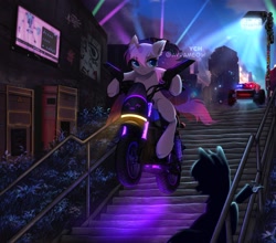 Size: 1280x1124 | Tagged: safe, artist:avrameow, oc, earth pony, pegasus, pony, unicorn, commission, cyberpunk, motorcycle, solo, stairs, your character here