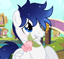 Size: 1165x1080 | Tagged: safe, artist:cstrawberrymilk, oc, oc only, oc:moonlight dust, pegasus, pony, g4, bridge, flower, flower in mouth, male, male oc, mouth hold, ponyville, rose, rose in mouth, solo, stallion