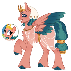 Size: 1000x1000 | Tagged: safe, artist:kazmuun, somnambula, pegasus, pony, series:kazmuun's drawing every pony, g4, alternate design, cloven hooves, colored hooves, colored wings, colored wingtips, ear piercing, ear tufts, earring, egyptian, egyptian headdress, egyptian pony, eyeshadow, female, fetlock tuft, gradient wings, grin, hooves, jewelry, leg fluff, looking at you, makeup, mare, piercing, raised hoof, redesign, screencap reference, simple background, smiling, solo, starry eyes, transparent background, white pupils, wingding eyes, wings