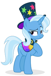 Size: 1920x2867 | Tagged: safe, artist:grapefruit-face, derpibooru exclusive, rufus, trixie, pony, unicorn, g4, g5, accessory swap, accessory theft, base used, clothes swap, collar, eyeliner, fixed, hat, hoof on chest, lidded eyes, looking sideways, looking to the left, makeup, simple background, smiling, solo, transparent background, updated