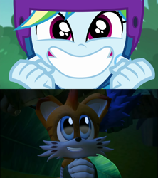 Size: 1920x2160 | Tagged: safe, edit, screencap, rainbow dash, human, equestria girls, g4, my little pony equestria girls: better together, sic skateboard, ashleigh ball, mangey tails, miles "tails" prower, sonic prime, sonic the hedgehog (series), voice actor joke