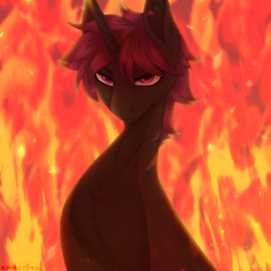 Size: 2048x2048 | Tagged: safe, artist:enderbee, oc, pony, unicorn, angry, fire, fireplace, high res, male, short hair, solo, stallion