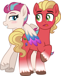 Size: 1920x2383 | Tagged: safe, artist:limedazzle, sprout cloverleaf, zipp storm, earth pony, pegasus, pony, g4, g5, blushing, butt touch, colored wings, duo, duo male and female, feathermarking, female, frown, g5 to g4, generation leap, grin, high res, male, mare, multicolored wings, open mouth, ship:cloverstorm, shipping, simple background, smiling, stallion, straight, transparent background, wings