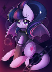 Size: 1950x2700 | Tagged: safe, artist:miryelis, twilight sparkle, bat pony, pony, g4, bat ponified, bat wings, big ears, bodysuit, clothes, cute, digital art, female, high res, long hair, long tail, looking at you, mare, ponytail, race swap, smiling, solo, tail, twiabetes, twibat, wings