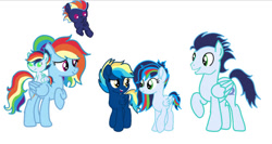 Size: 750x398 | Tagged: safe, artist:magiclightsentry, rainbow dash, soarin', oc, pegasus, pony, g4, baby, baby pony, colt, family, female, filly, foal, male, mare, offspring, parent:rainbow dash, parent:soarin', parents:soarindash, ship:soarindash, shipping, simple background, stallion, straight, teenager, white background