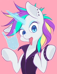 Size: 1580x2048 | Tagged: safe, artist:noupu, rarity, pony, unicorn, g4, alternate hairstyle, devil horn (gesture), female, glowing, glowing horn, hand, horn, looking at you, magic, magic hands, mare, piercing, pink background, punk, raripunk, simple background, solo, tongue out, tongue piercing