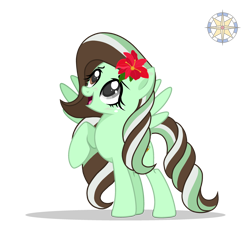 Size: 3000x3000 | Tagged: safe, artist:mint-light, artist:r4hucksake, oc, oc only, oc:choco mint, pegasus, pony, base used, blushing, cute, ear blush, flower, flower in hair, freckles, heterochromia, high res, ocbetes, open mouth, open smile, raised hoof, simple background, smiling, solo, transparent background