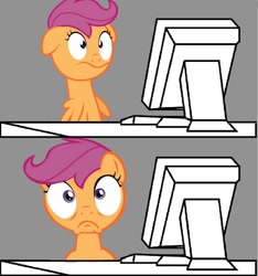 Size: 680x728 | Tagged: safe, scootaloo, pegasus, pony, g4, computer, desk, exploitable meme, female, filly, foal, gray background, looking at you, meme, scared, scarred, scarred for life, simple background