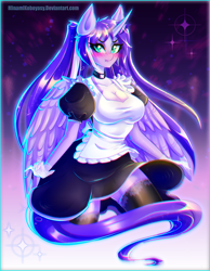 Size: 3019x3894 | Tagged: safe, artist:minamikoboyasy, oc, oc only, oc:mariah wolves, alicorn, anthro, alicorn oc, anthro oc, blushing, breasts, choker, cleavage, clothes, flowing hair, flowing mane, flowing tail, gloves, high res, horn, jewelry, maid, scrunchy face, solo, sparkles, stockings, tail, thigh highs, wings