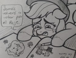 Size: 2048x1563 | Tagged: safe, artist:pablosjuarez, applejack, earth pony, pony, g4, andrés manuel lópez obrador, apple, crying, drawing, female, food, grayscale, mare, mexico, monochrome, pencil, solo, spanish, speech bubble, traditional art