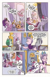 Size: 1000x1537 | Tagged: safe, idw, official comic, glory (g5), peach fizz, pipp petals, queen haven, seashell (g5), zipp storm, earth pony, pegasus, pony, unicorn, g5, official, spoiler:comic, spoiler:g5comic, spoiler:g5comic16, continuity error, crystal, everything is gonna be okay, female, filly, flying, foal, male, mare, music notes, pippsqueak trio, pippsqueaks, royal sisters (g5), siblings, singing, sisters, song reference, speech bubble, stallion, text, tired, unnamed character, unnamed pony, zipp storm is best facemaker