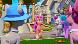 Size: 1280x720 | Tagged: safe, screencap, izzy moonbow, sunny starscout, sweets (g5), zipp storm, alicorn, earth pony, pegasus, pony, unicorn, ali-conned, g5, my little pony: make your mark, my little pony: make your mark chapter 2, spoiler:g5, spoiler:my little pony: make your mark, spoiler:my little pony: make your mark chapter 2, spoiler:mymc02e04, alicornified, animated, artificial alicorn, artificial horn, artificial wings, augmented, female, gif, hat, looking around, mane stripe sunny, mare, maretime bay, open mouth, open smile, race swap, smiling, spread wings, sunnycorn, unnamed character, unnamed pony, wings