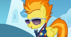 Size: 2160x1122 | Tagged: safe, spitfire, pegasus, pony, g4, wonderbolts academy, clothes, cloud, cropped, drill sergeant, eyes closed, female, mare, necktie, open mouth, solo, spitfire's tie, spitfire's whistle, suit, sunglasses, uniform, whistle, whistle necklace, wonderbolts dress uniform