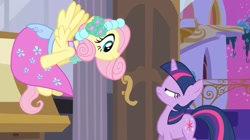 Size: 1865x1042 | Tagged: safe, screencap, fluttershy, twilight sparkle, pegasus, pony, unicorn, a canterlot wedding, g4, season 2, beautiful, bedroom, bridesmaid, bridesmaid dress, bridesmaid fluttershy, canterlot, canterlot castle, clothes, cropped, cute, door, dress, female, floral head wreath, flower, flower in hair, flutterbeautiful, force field, gown, mare, open door, royal wedding