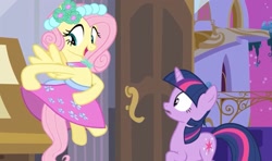 Size: 1723x1021 | Tagged: safe, screencap, fluttershy, twilight sparkle, pegasus, pony, unicorn, a canterlot wedding, g4, season 2, beautiful, bedroom, bridesmaid, bridesmaid dress, bridesmaid fluttershy, canterlot, canterlot castle, clothes, cute, dress, female, floral head wreath, flower, flower in hair, flutterbeautiful, force field, gown, happy, mare, open door, playing with dress, royal wedding, surprised