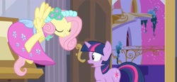 Size: 2114x993 | Tagged: safe, screencap, fluttershy, twilight sparkle, pegasus, pony, unicorn, a canterlot wedding, g4, season 2, beautiful, bedroom, bridesmaid, bridesmaid dress, bridesmaid fluttershy, canterlot, canterlot castle, clothes, cropped, cute, dress, eyes closed, female, floral head wreath, flower, flower in hair, flutterbeautiful, force field, gown, grin, happy, mare, open door, open mouth, playing with dress, royal wedding, shocked, smiling, surprised, teeth