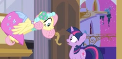 Size: 2109x1025 | Tagged: safe, screencap, fluttershy, twilight sparkle, pegasus, pony, unicorn, a canterlot wedding, g4, season 2, beautiful, bedroom, bridesmaid, bridesmaid dress, bridesmaid fluttershy, canterlot, canterlot castle, clothes, cropped, cute, dress, excited, female, floral head wreath, flower, flower in hair, flutterbeautiful, force field, gown, happy, mare, open door, royal wedding, shocked, surprised