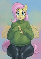 Size: 700x1000 | Tagged: safe, artist:hadmyway, fluttershy, anthro, g4, breasts, busty fluttershy, clothes, denim, female, jeans, looking at you, pants, sagging breasts, saggy shy, sitting, solo, spread wings, stupid sexy fluttershy, sweater, sweater puppies, sweatershy, turtleneck, wings