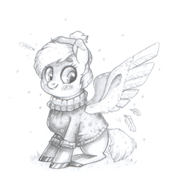 Size: 1077x1081 | Tagged: safe, artist:buttersflutterscotch, oc, oc only, pegasus, pony, clothes, monochrome, snow, snowfall, solo, sweater