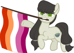 Size: 1215x865 | Tagged: safe, artist:yeetmedownthestairs, oc, oc only, oc:sawa (ice1517), earth pony, pony, commission, female, grin, lesbian pride flag, mare, mouth hold, pride, pride flag, pride month, raised hoof, simple background, smiling, solo, transparent background, ych result