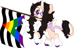 Size: 1364x884 | Tagged: safe, artist:yeetmedownthestairs, oc, oc only, oc:malin, pony, unicorn, butt wings, chest fluff, commission, female, glasses, grin, leonine tail, mare, markings, mouth hold, pride flag, pride month, raised hoof, simple background, smiling, solo, straight ally flag, tail, transparent background, unshorn fetlocks, wings, ych result