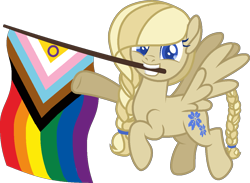 Size: 1207x883 | Tagged: safe, artist:yeetmedownthestairs, oc, oc only, oc:cornflower meadow, pegasus, pony, commission, female, flying, gay pride flag, grin, mare, mouth hold, pride, pride flag, pride month, progressive pride flag, raised hoof, simple background, smiling, solo, transparent background, ych result