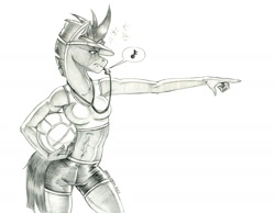 Size: 1400x1089 | Tagged: safe, artist:baron engel, fizzlepop berrytwist, tempest shadow, unicorn, anthro, g4, belly button, blowing whistle, breasts, busty tempest shadow, clothes, female, gym teacher, gym teacher tempest, mare, monochrome, pencil drawing, shorts, solo, sports, tank top, traditional art, volleyball, whistle, whistle necklace