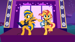 Size: 1191x670 | Tagged: safe, artist:mlpfan3991, edit, sunset shimmer, oc, oc:flare spark, pegasus, pony, unicorn, g4, bipedal, clothes, electric guitar, female, guitar, leather, leather vest, mare, musical instrument, night, playing instrument, rock (music), rock and roll, stage, sunset shredder, vest