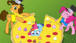 Size: 1280x720 | Tagged: safe, screencap, cheese sandwich, pinkie pie, rainbow dash, earth pony, pegasus, pony, g4, pinkie pride, season 4, ^^, bowtie, cheese, chewing, cupcake, cute, dashabetes, eating, eyes closed, female, folded wings, food, giant food, hat, herbivore, male, mare, mouth hold, mushroom, nom, party hat, pizza, stallion, stuffing, teeth, that pony sure does love pizza, tomato, top hat, wings