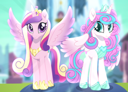 Size: 2100x1500 | Tagged: safe, artist:kiracatastic, princess cadance, princess flurry heart, alicorn, pony, g4, base used, colored wings, colored wingtips, crown, crystal empire, duo, duo female, female, hoof shoes, jewelry, mare, mother and child, mother and daughter, older, older flurry heart, princess shoes, regalia, wings