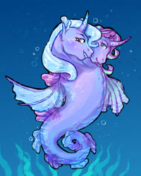 Size: 2048x2555 | Tagged: safe, artist:poniesart, oc, oc only, sea pony, unicorn, g4, bubble, conjoined, conjoined twins, female, fins, fish tail, flowing mane, fusion, fusion:starlight glimmer, fusion:trixie, high res, horn, looking at you, looking right, multiple heads, ocean, seaponified, seaweed, smiling, smiling at you, solo, species swap, swimming, tail, two heads, underwater, water