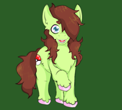 Size: 827x749 | Tagged: safe, artist:hivecicle, blue eyes, brown mane, green background, green fur, green pony, hooves, pink hooves, poké ball, pokémon, raised hoof, simple background, solo, standing