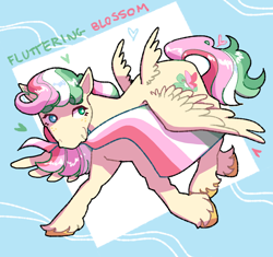 Size: 2048x1922 | Tagged: safe, artist:poniesart, pegasus, pony, g4, abrosexual, abrosexual pride flag, four wings, fusion, fusion:blossomforth, fusion:fluttershy, multicolored mane, multicolored tail, multiple wings, pride flag, solo, tail, wings