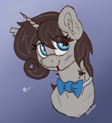 Size: 1728x1891 | Tagged: safe, artist:reddthebat, oc, oc only, oc:violina (reddthebat), ghost, ghost pony, pony, unicorn, blood, bowtie, bust, eye clipping through hair, female, gradient background, heart, looking at you, mare, smiling, smiling at you, solo