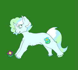 Size: 827x749 | Tagged: safe, artist:hivecicle, oc, oc only, oc:mint-eye, pony, unicorn, blue fur, blue hair, blue pony, blue tail, flower, green background, green eyes, green hair, green tail, hooves, multicolored hair, multicolored tail, simple background, solo, tail, white hair, white tail