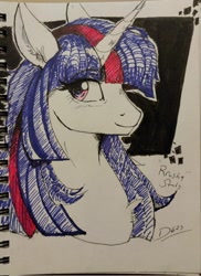 Size: 1488x2048 | Tagged: safe, artist:thelunarmoon, twilight sparkle, pony, unicorn, g4, bust, eye clipping through hair, female, mare, partial color, signature, smiling, solo, traditional art, unicorn twilight