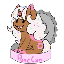 Size: 1539x1554 | Tagged: safe, artist:noxi1_48, oc, oc only, oc:donut daydream, pony, unicorn, daily dose of friends, can, horn, open mouth, open smile, sitting, smiling, solo, unicorn oc