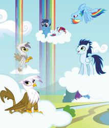 Size: 750x881 | Tagged: safe, artist:marbowsta, gilda, rainbow dash, soarin', oc, griffon, pegasus, pony, g4, baby, baby pony, chickub, cloud, colt, female, filly, flying, foal, male, mare, offspring, parent:gilda, parent:rainbow dash, parent:soarin', parents:soarindash, rainbow waterfall, ship:soarindash, shipping, stallion, straight