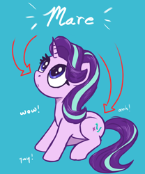 Size: 2000x2400 | Tagged: safe, artist:t72b, starlight glimmer, pony, unicorn, g4, blue background, captain obvious, confused, cute, female, frown, glimmerbetes, high res, looking up, mare, meme, simple background, sitting, solo, wow! glimmer
